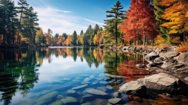 un lago con árboles y rocas