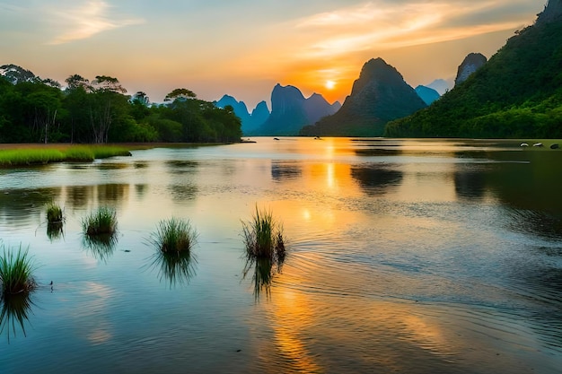 Un lago con un atardecer de fondo