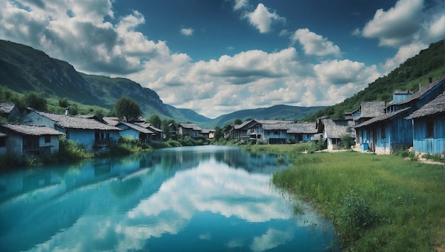 Lago azul entre las casas del pueblo rodeadas de vegetación