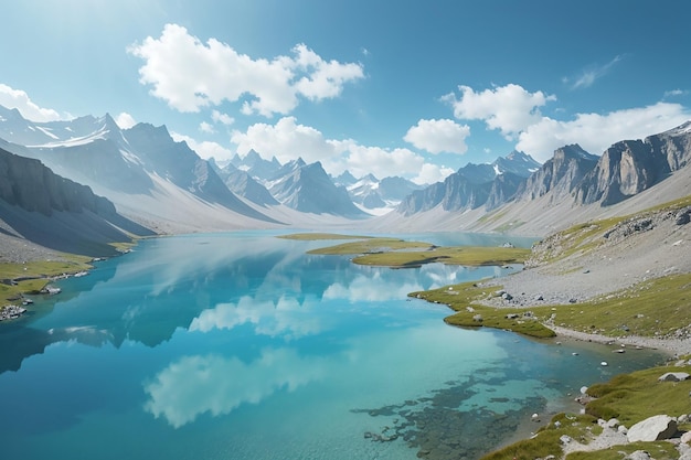 Lago azul de alta altitude em um ambiente idílico e não contaminado com água limpa e transparente