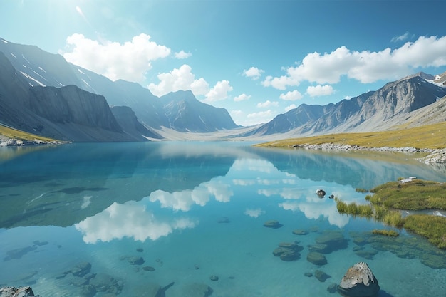 Lago azul de gran altitud en un entorno idílico y no contaminado con agua limpia y transparente