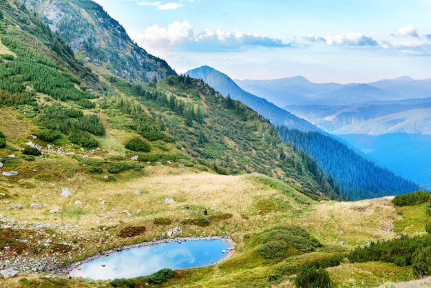 Lago azul en las montañas con pasto verde