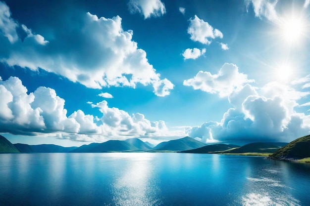 un lago azul con nubes y montañas en el fondo