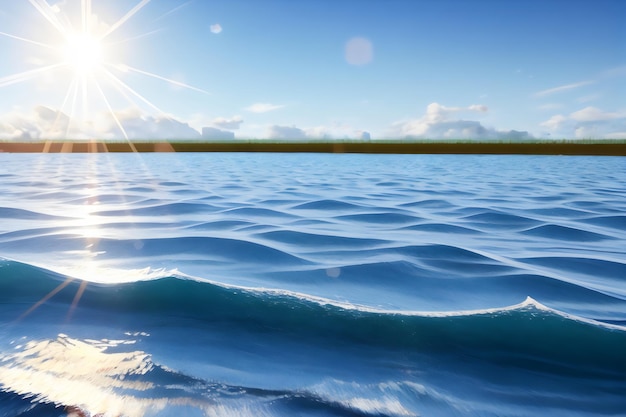 Un lago azul con el sol brillando sobre él.