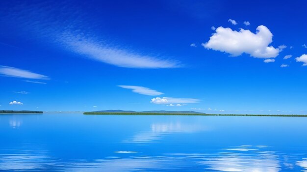 Un lago azul tranquilo que refleja el cielo con algunas ondas en el agua
