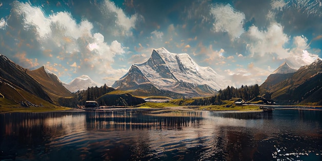 Lago Bachalpsee. Picos mais altos Eiger, em local famoso. Alpes suíços - vale de Grindelwald