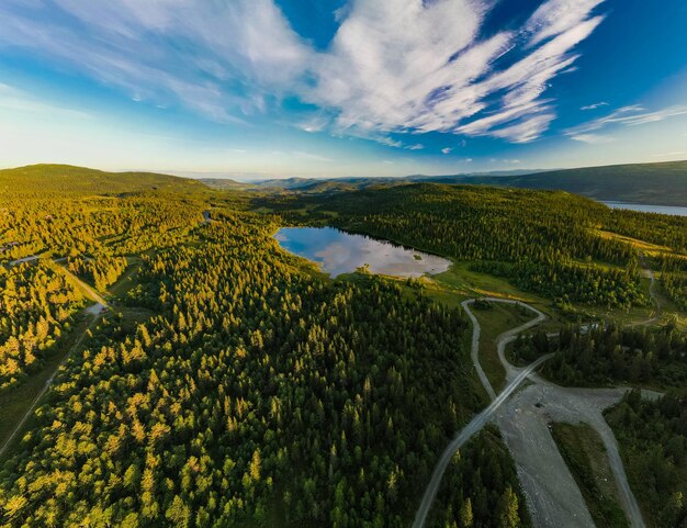 Lago Bamselitjernet cerca de Beitostolen rodeado de bosques durante la puesta de sol Noruega