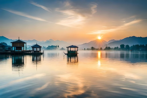 Un lago con un barco y un dique flotante con una puesta de sol de fondo.