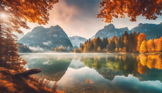 un lago con un barco y una montaña en el fondo