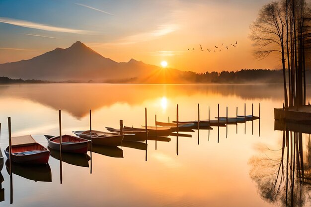 Un lago con barcos y montañas al fondo.