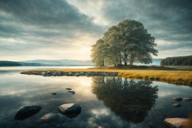 El lago en el bosque al amanecer Escenario dramático y pintoresco