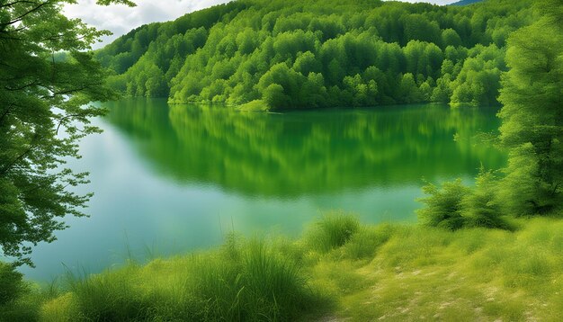 un lago con un bosque al fondo y un bosque en el fondo