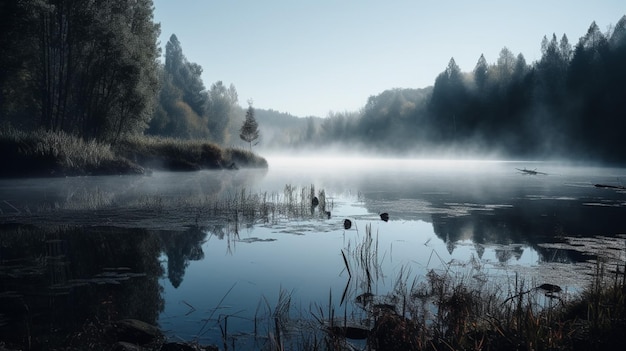 Un lago con un bosque al fondo.