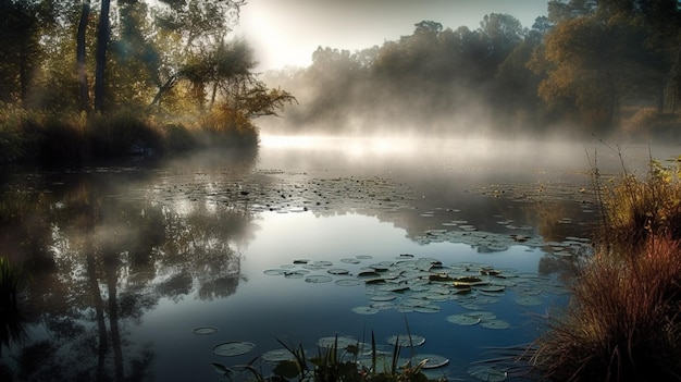 Un lago en el bosque con un árbol en primer plano y un cielo nublado al fondo.