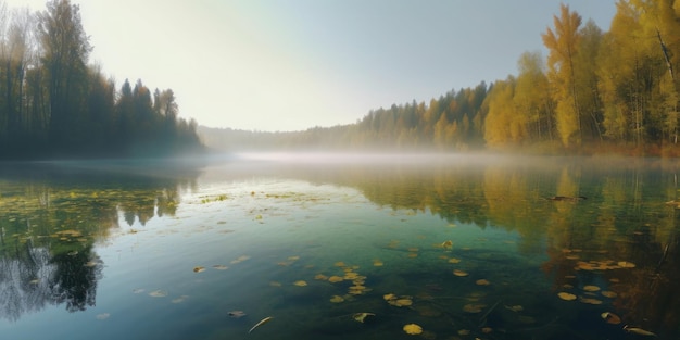 Un lago en el bosque con un bosque al fondo.