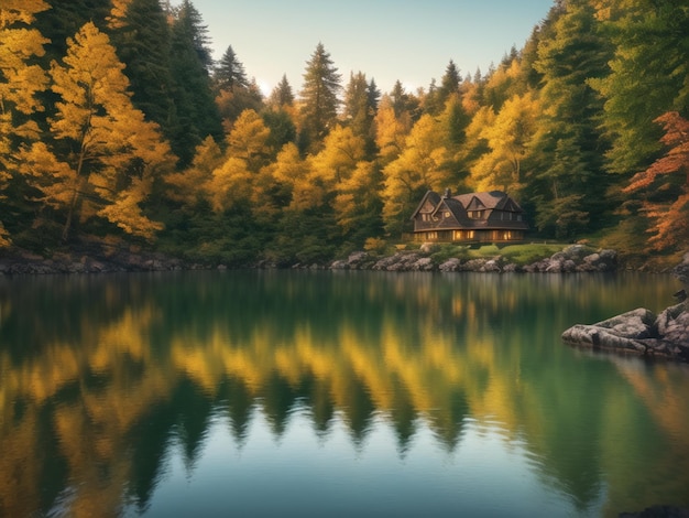 Un lago en el bosque con una casa en primer plano y un bosque al fondo.