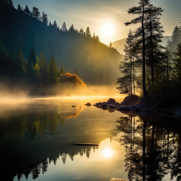 un lago con un bosque y una montaña al fondo.