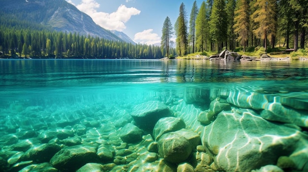 un lago con un bosque y montañas en el fondo