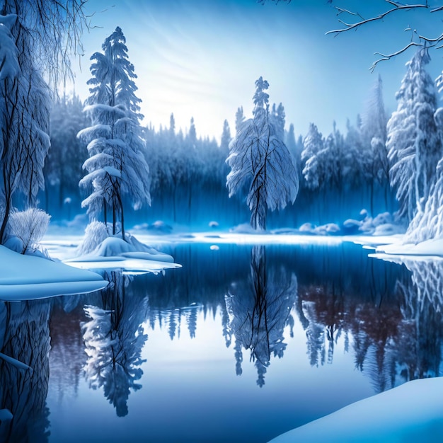 Lago en el bosque con nieve y montañas al fondo IA generativa