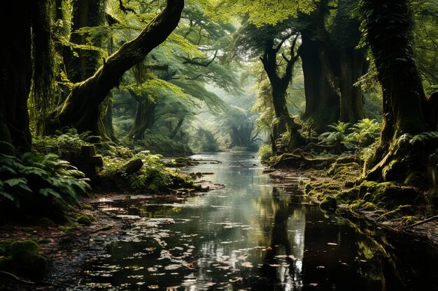 Un lago de bosque pacífico rodeado de árboles altos