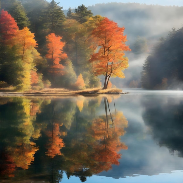 El lago brilla bajo el cálido abrazo del sol de principios de otoño, una suave niebla se eleva