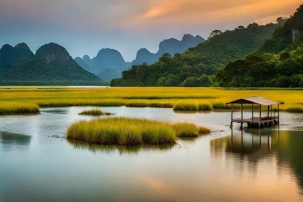 Foto un lago con una cabaña de madera y un puente en el fondo