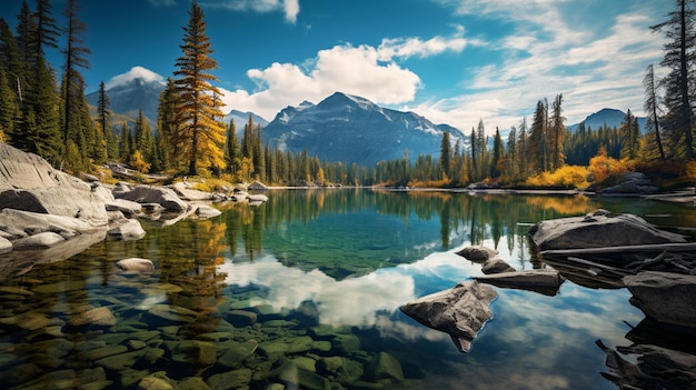 Un lago en Canadá con un hermoso cielo y agua pura.