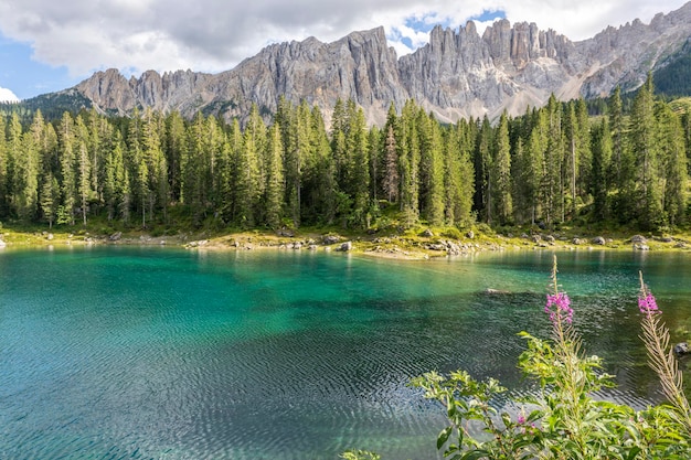 Foto lago carezza en un día soleado con algunas nubes