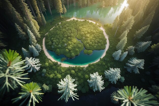 Foto un lago casi perfectamente circular disparado directamente desde el aire se asemeja a la tierra rodeada de un bosque de pinos