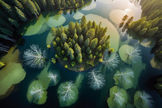 Foto un lago casi perfectamente circular disparado directamente desde el aire se asemeja a la tierra rodeada de un bosque de pinos