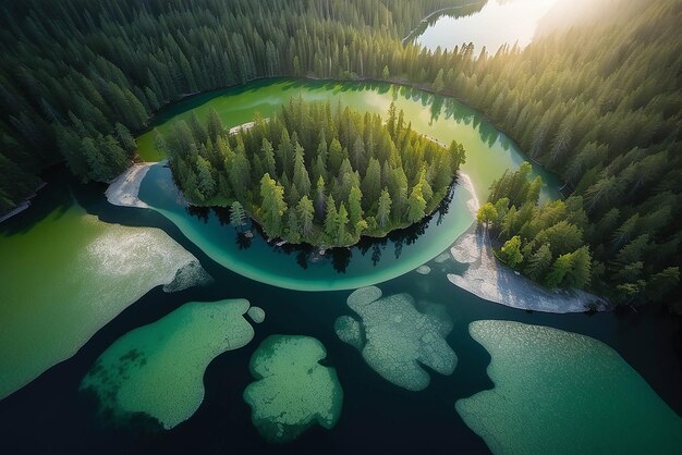 Foto un lago casi perfectamente circular disparado directamente desde el aire se asemeja a la tierra rodeada de un bosque de pinos