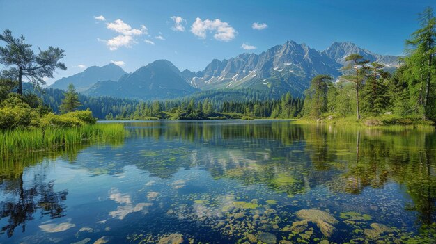 Lago cercado de árvores com montanhas ao fundo