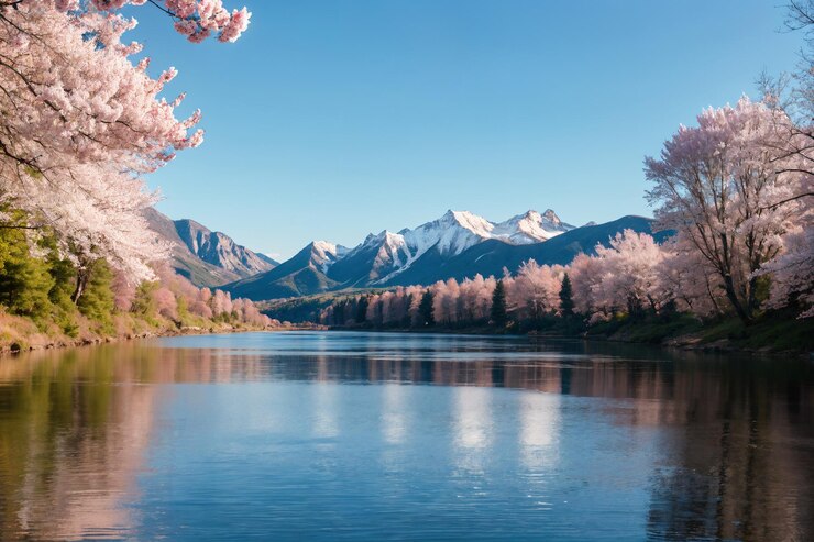 un lago con cerezos y montañas en el fondo