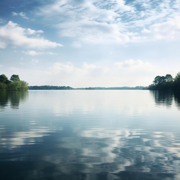 un lago con un cielo y árboles al fondo