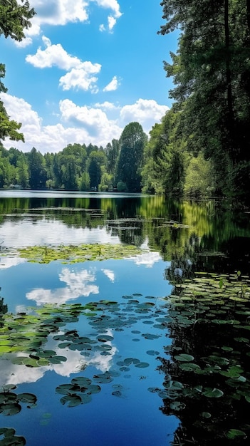 Un lago con un cielo azul y nubes.