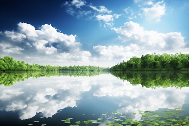 Un lago con un cielo azul y nubes.