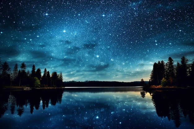 Un lago con un cielo estrellado y árboles al fondo.