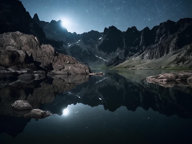 Un lago con un cielo estrellado y la luna al fondo.