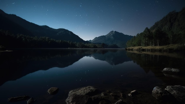 Un lago con un cielo estrellado y montañas al fondo.