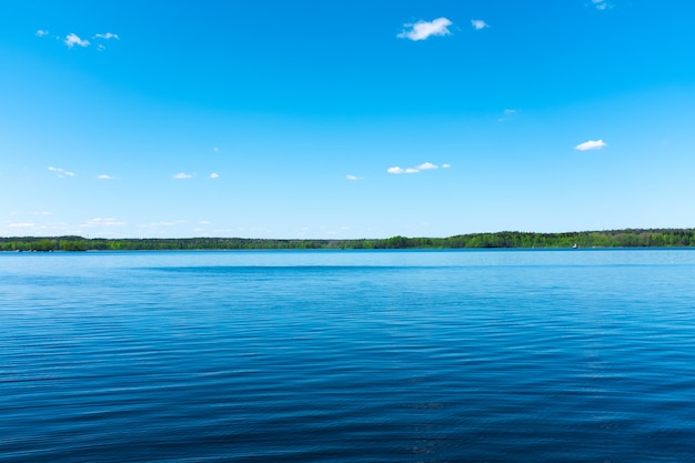 Foto lago con cielo y nubes con bosque en el horizonte.