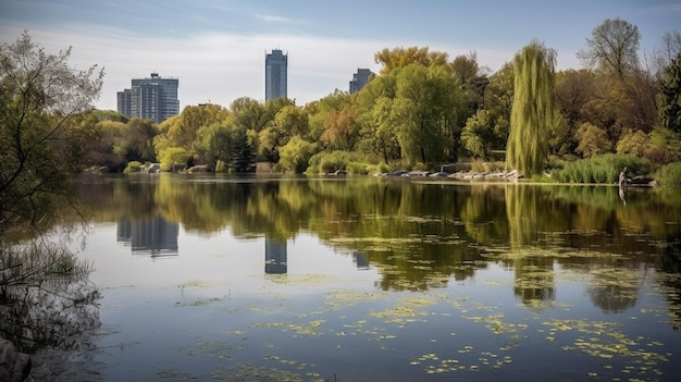 Un lago con una ciudad al fondo.