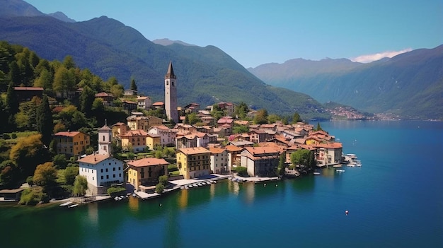 un lago con una ciudad y un lago en el fondo