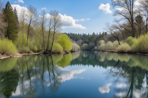 Lago claro com o reflexo das árvores e do céu num dia frio de primavera