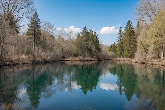 Lago claro con el reflejo de los árboles y el cielo en un día fresco de primavera