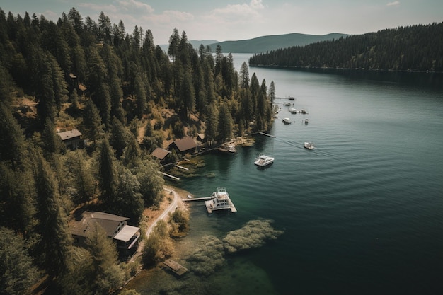 Un lago con un cobertizo para botes en el agua