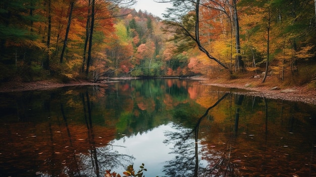 Un lago con colores de otoño en el fondo.