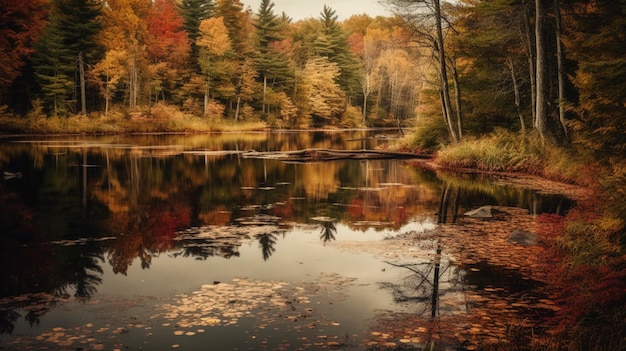 Un lago con colores de otoño