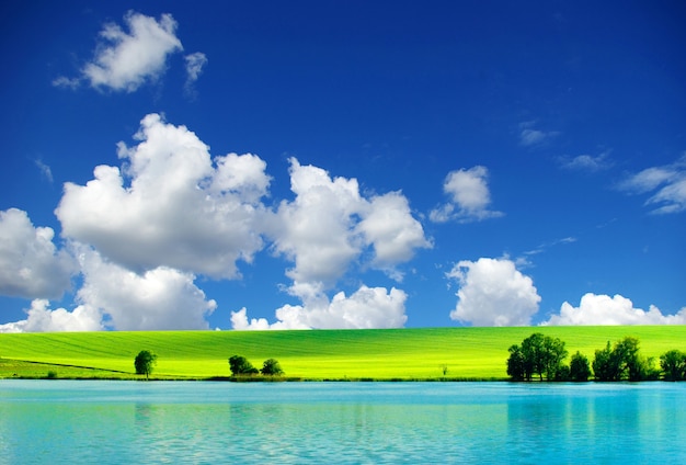 lago com campo verde e céu azul. Paisagem natural