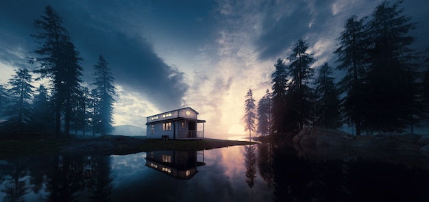 Lago com casa minúscula vintage em um ambiente de floresta do sol. renderização 3d.