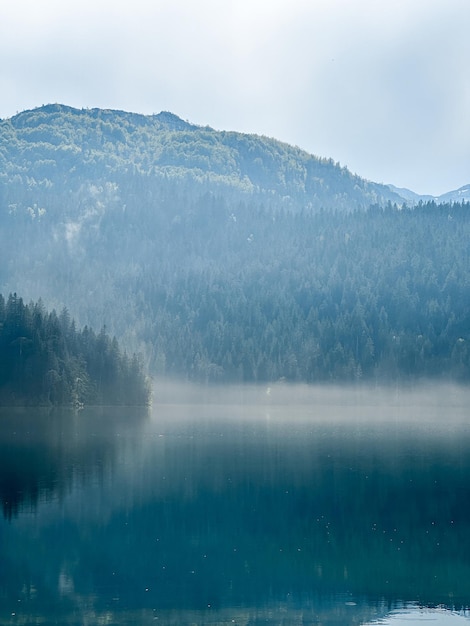 Foto lago com o reflexo de árvores de folhas de agulha e montanhas